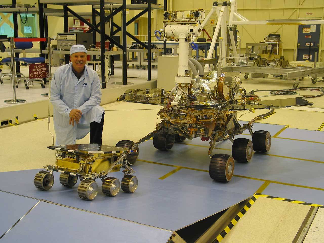 Two generations of Mars rovers: Sojourner rover (left) and the larger Mars Exploration Rover (right).