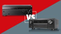 A red and grey split background with a box reading "VS" in the middle, with a Sony TA-AN1000 on one side and a Denon AVR-X2900H on the other