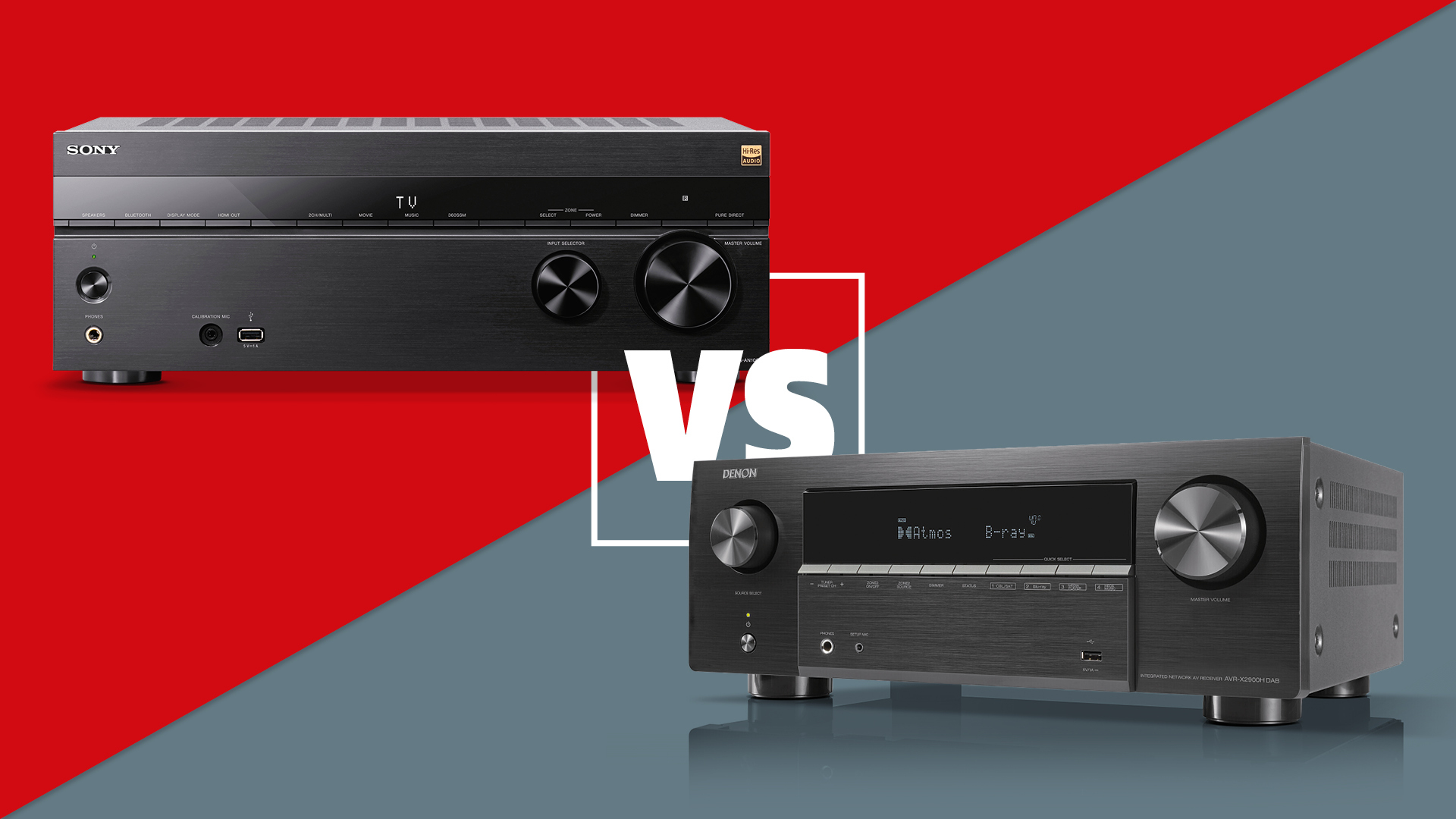 A red and grey split background with a box reading "VS" in the middle, with a Sony TA-AN1000 on one side and a Denon AVR-X2900H on the other