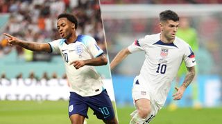 Raheem Sterling celebrates after scoring for England during the FIFA World Cup / Christian Pulisic of the USA advances with the ball during the World Cup 2022