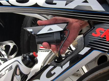 The Shimano Dura-Ace Di2 battery is hidden away in a special down tube compartment on Skil-Shimano's time trial bikes. While the logos say 'Koga', they're actually Lapierres.