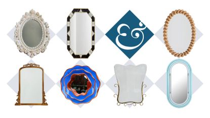A collection of various wall mirrors, including some ornate and Art Deco-inspired styles, pictured against a white-and-gray checkered background