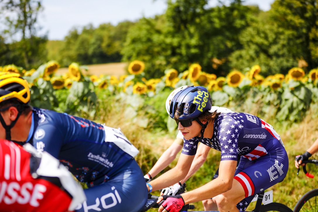 Enzo Hincapie (EF Education-ONTO) races at Tour de L&#039;Ain in US road champions jersey