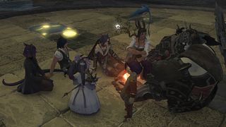 A group of Final Fantasy 14 characters gather around a campfire.