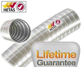 A graphic showcasing a steel flue pipe with the Hetas approval logo and the words 'lifetime guarantee' superimposed on top