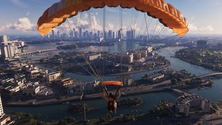 Lucia in the sky with a parachute in GTA 6 