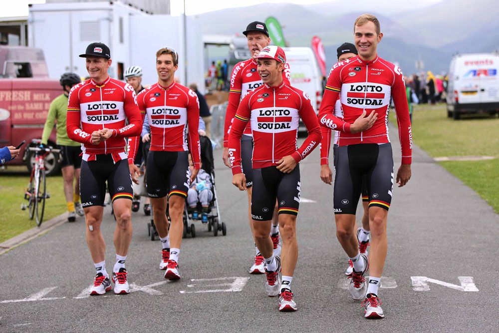Lotto Soudal walking to the stage at Tour of Britain