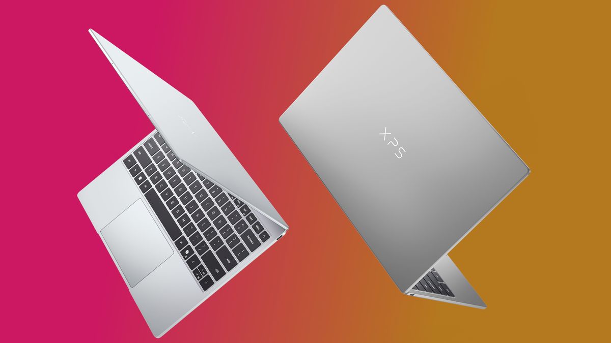 Two silver XPS 13 laptops on a pink to orange gradient background, one showing the keyboard, the other with "XPS" on the top cover.