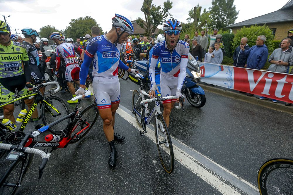 Thibaut Pinot picks himself up after a crash on stage 5