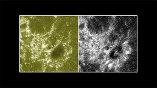 IRIS has unprecedented resolution of the sun. Above is a portion of the sun as seen by IRIS (right) and NASA's Solar Dynamics Observatory (left). Image uploaded Feb. 11, 2014.