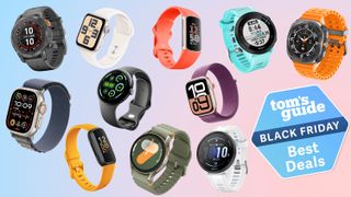 12 different smartwatches, including Garmins, Fitbits and Apple Watches, floating on a colorful background next to a Tom's Guide Black Friday Deals badge