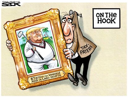 Political Cartoon U.S. Trump Mar a lago Tax payers golf