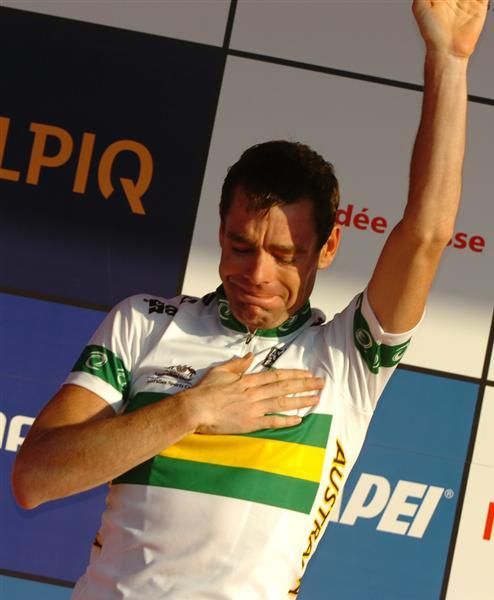 The podium ceremony was clearly affecting for Cadel Evans (Australia)