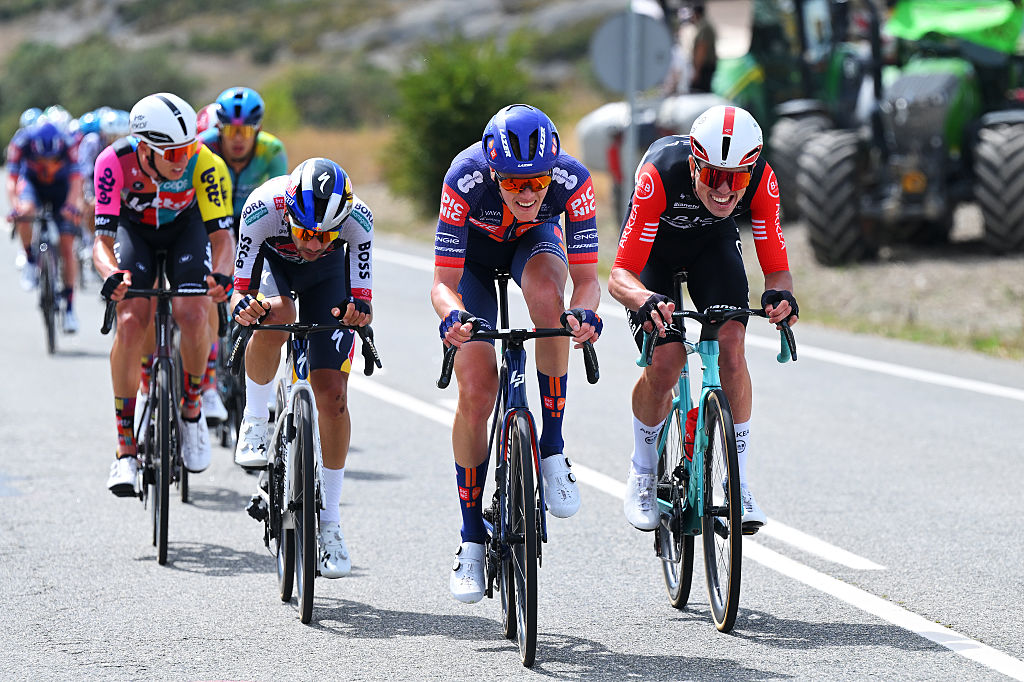 EL FERIAL LARRA BELAGUA, SPAIN - AUGUST 02: (L-R) Gijs Leemreize of Netherlands and Team Picnic PostNL and Pierre Thierry of France and Team Arkea - B&amp;amp;B Hotels compete in the breakaway during the La Vuelta - 80th Tour of Spain 2025, Stage 10 a 175.3km stage from Parque de la Naturaleza Sendaviva to El Ferial Larra Belagua 1585m / #UCIWT / on September 02, 2025 in El Ferial Larra Belagua, Spain. (Photo by Tim de Waele/Getty Images)