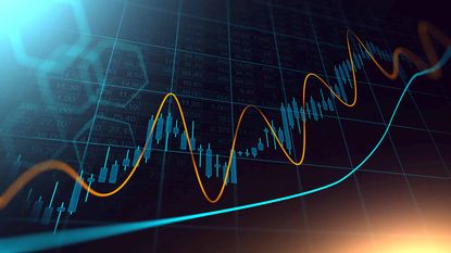 blue stock market chart with orange and teal moving averages