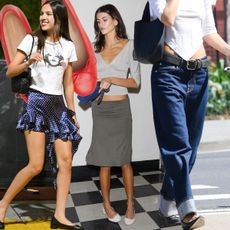 Collage of street style photos of Gen Z celebrities wearing ballet flats with skirts and baggy jeans.
