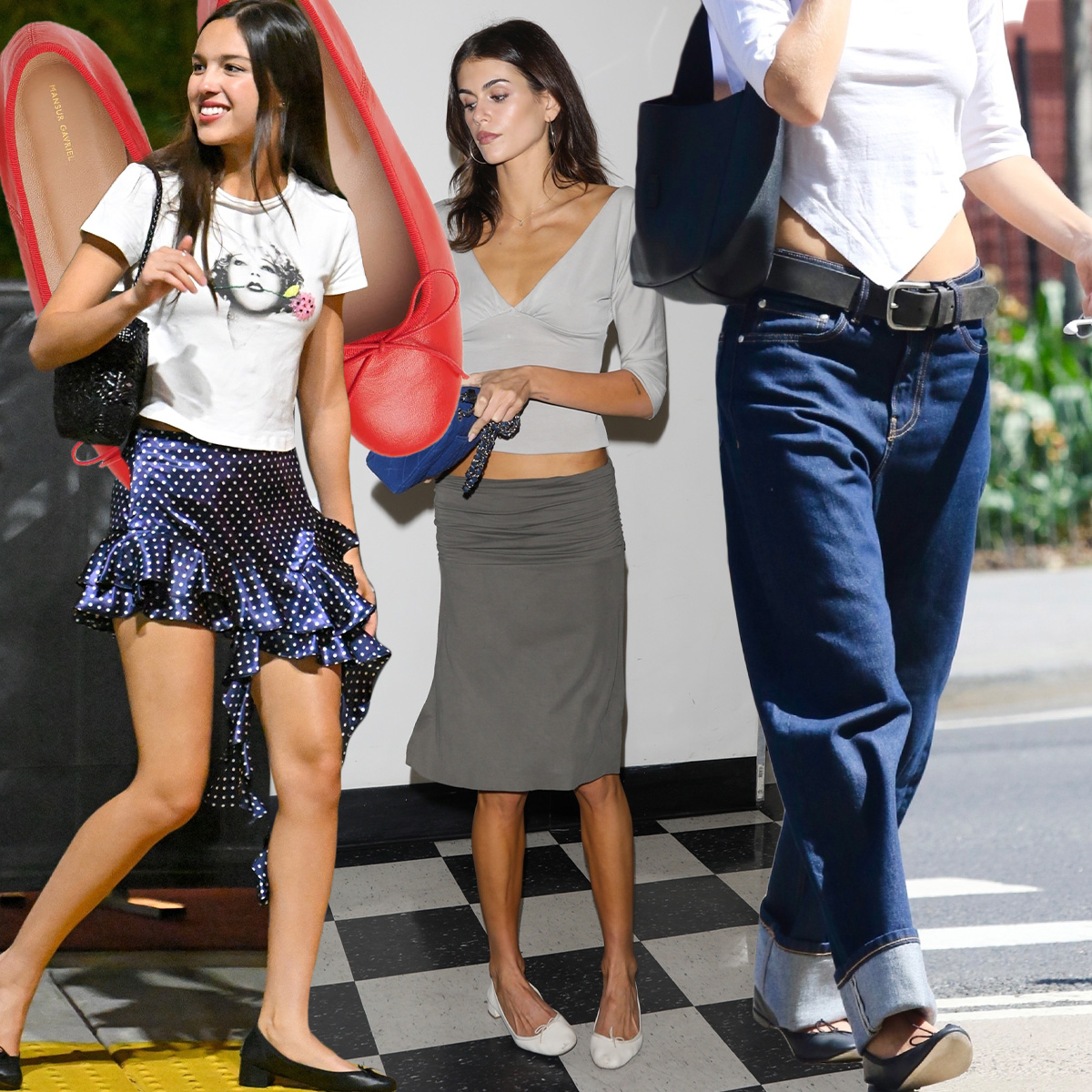 Collage of street style photos of Gen Z celebrities wearing ballet flats with skirts and baggy jeans.