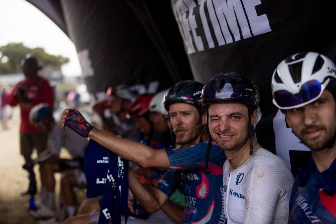 Alexey Vermeulen plays up to the camera after finishing third at 2025 Sea Otter Classic Gravel