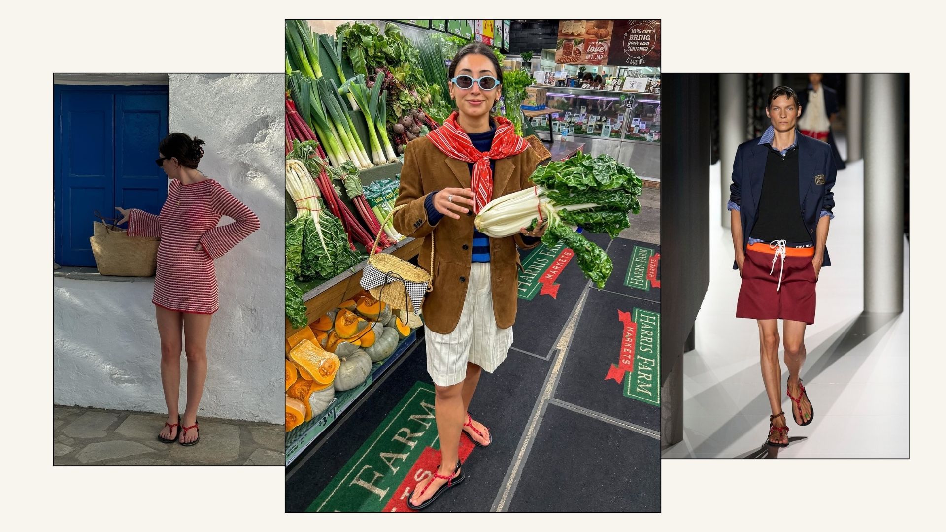 Influencer wears red rope sandals.