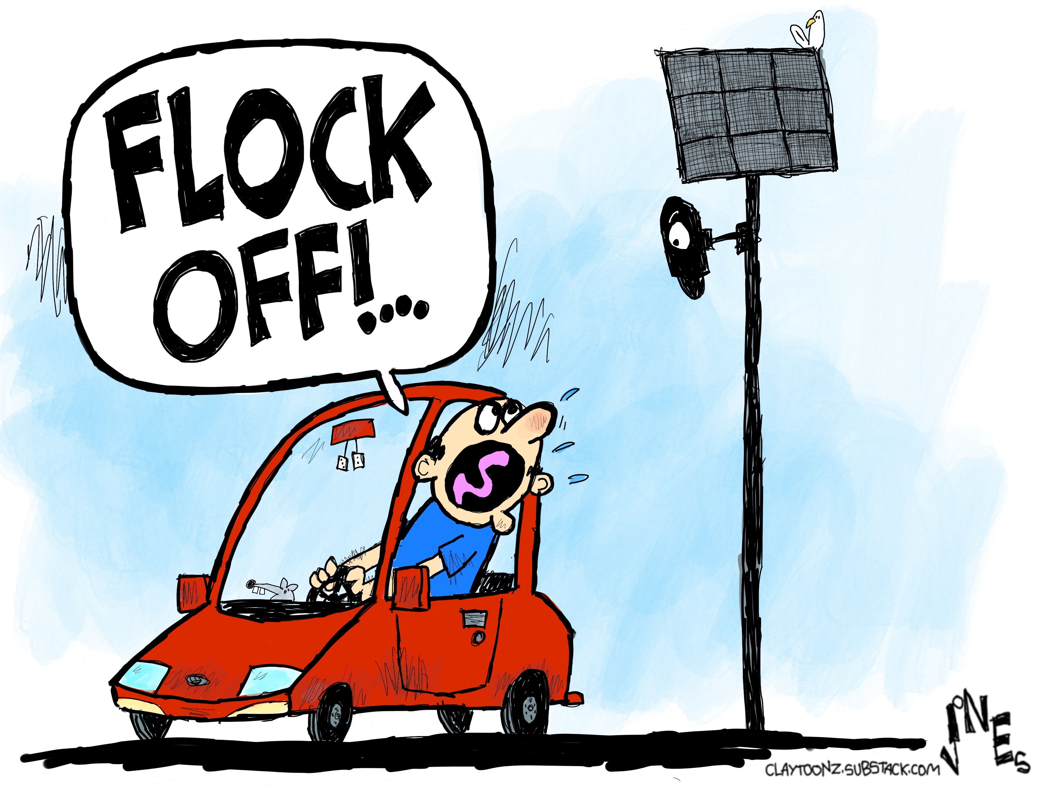 A man driving a car looks up at a solar-powered camera with an eye peering at him and yells, &amp;ldquo;FLOCK OFF!&amp;rdquo;