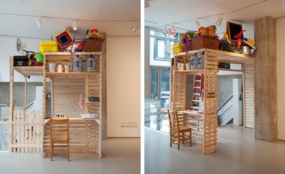 Side by side images of a wooden desk with featuring upper levels that have storage ontop. 