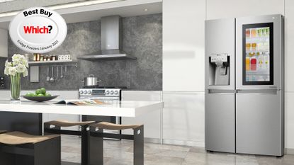 A kitchen featuring the LG InstaView Door-in-Door™ GSX961NSVZ American style Fridge Freezer.
