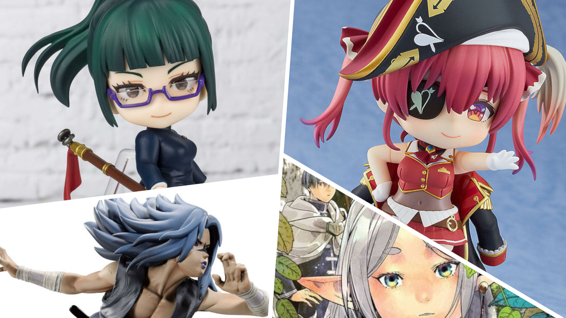 Nendoroids, action figures, and manga art divided by white lines