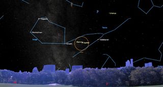 Bushy trees form a low horizon in front of backgound buildings, barely breaching the trees&#039; line. Above, a vast night sky with blue lines connecting light points to show constellations. The outline of a medium sized orange circle captures Mars and Jupiter.