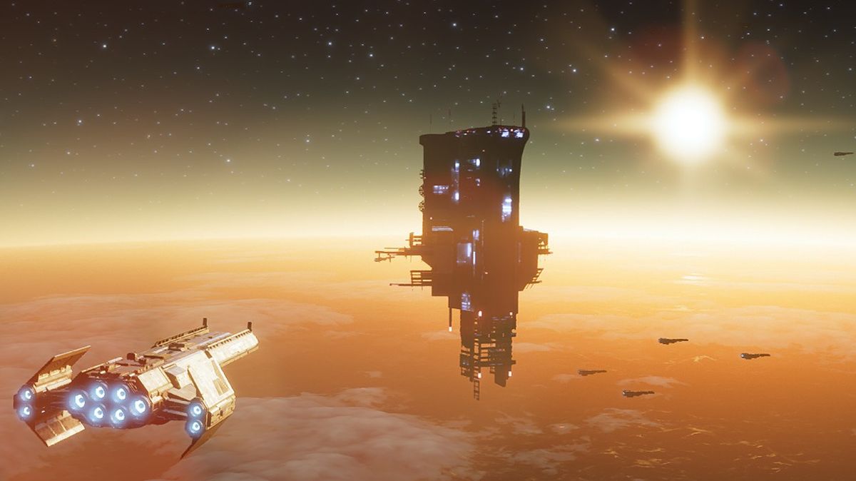 Spaceship approaches the new, in-progress Democracy Space Station in orbit above a planet in Helldivers 2