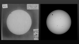 Left: George Tupman's photograph of the transit of Dec. 9, 1874, as seen from Honolulu, Oahu. Right: My photograph from June 5, 2012, at the same scale, Mauna Kea, Big Island.