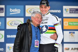Raymond Poulidor was a huge supporter of Mathieu van der Poel, pictured here in 2016 after the Cyclo-cross World Cup in Lignieres-en-Berry