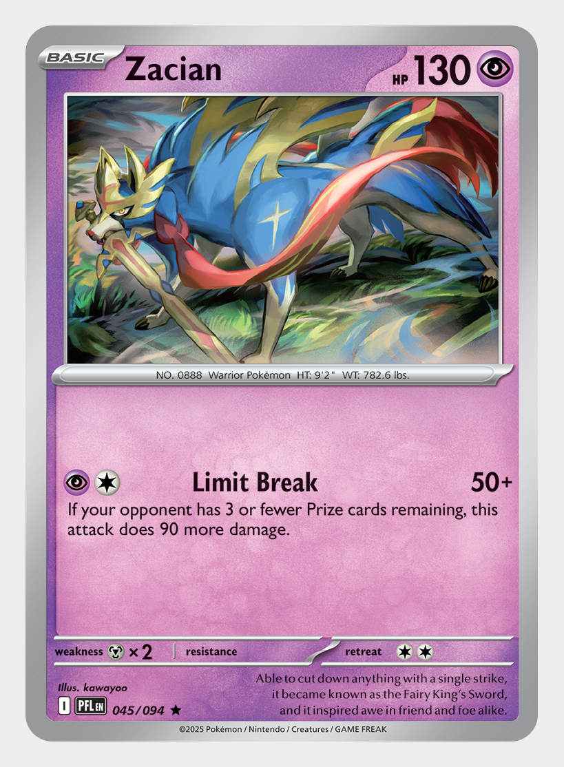 Zacian card from Pokemon Phantasmal Flames, on a plain background