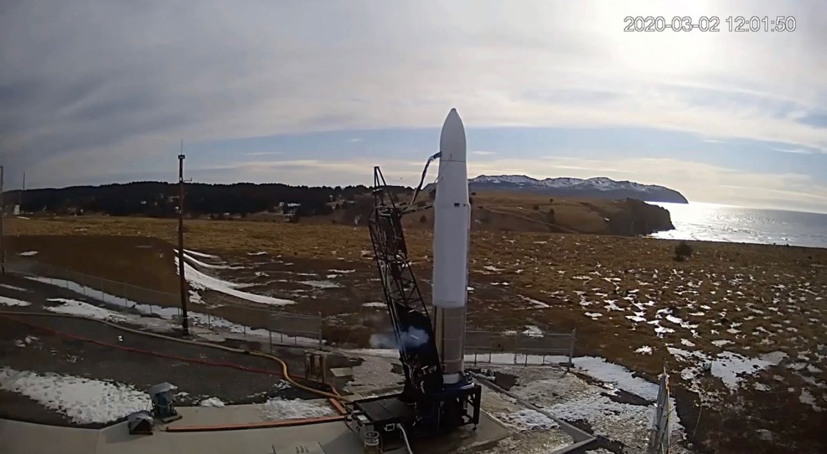 A view of Astra&#039;s Rocket 3.0 on the launch pad at the Pacific Spaceport Complex in Alaska on March 2, 2020. The day&#039;s planned launch attempt was scrubbed, ending Astra&#039;s chance to win the DARPA Launch Challenge.