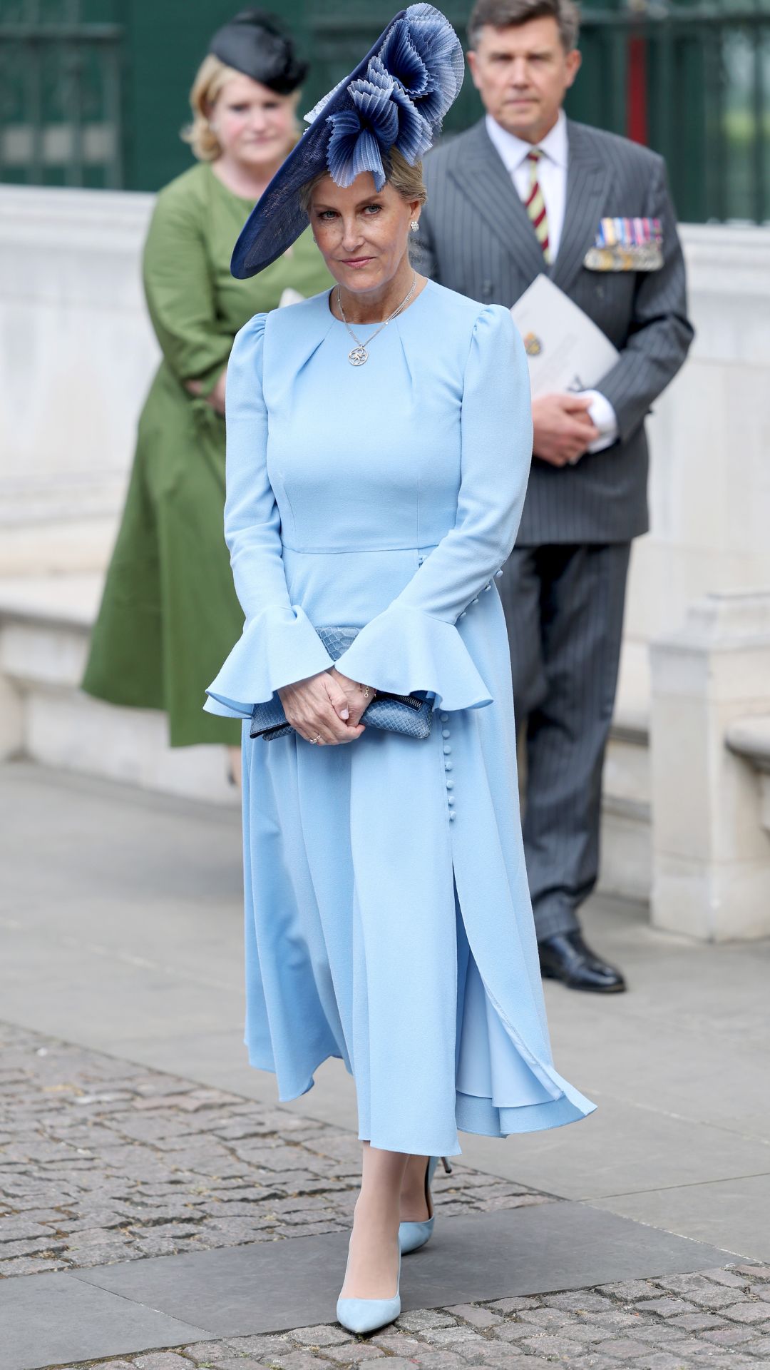 Sophie, Duchess of Edinburgh smiles as she departs the Thanksgiving Service to mark the 80th anniversary of VE Day at Westminster Abbey on May 08, 2025 in London
