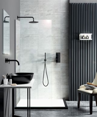 shower with black bathroom fittings