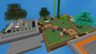 Minecraft Mods - SkyFactory 4 - A floating collection of platforms with trees, cows, pigs, and other things