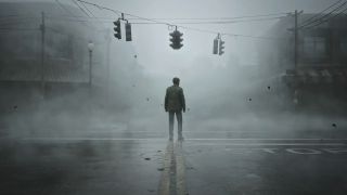 Shot of James from behind standing below a red light on an abandoned street with fog everywhere.