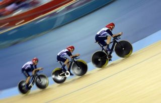 Great Britain's Laura Trott, Joanna Rowsell and Dani King compete during the London 2012 Olympic Games women's team pursuit