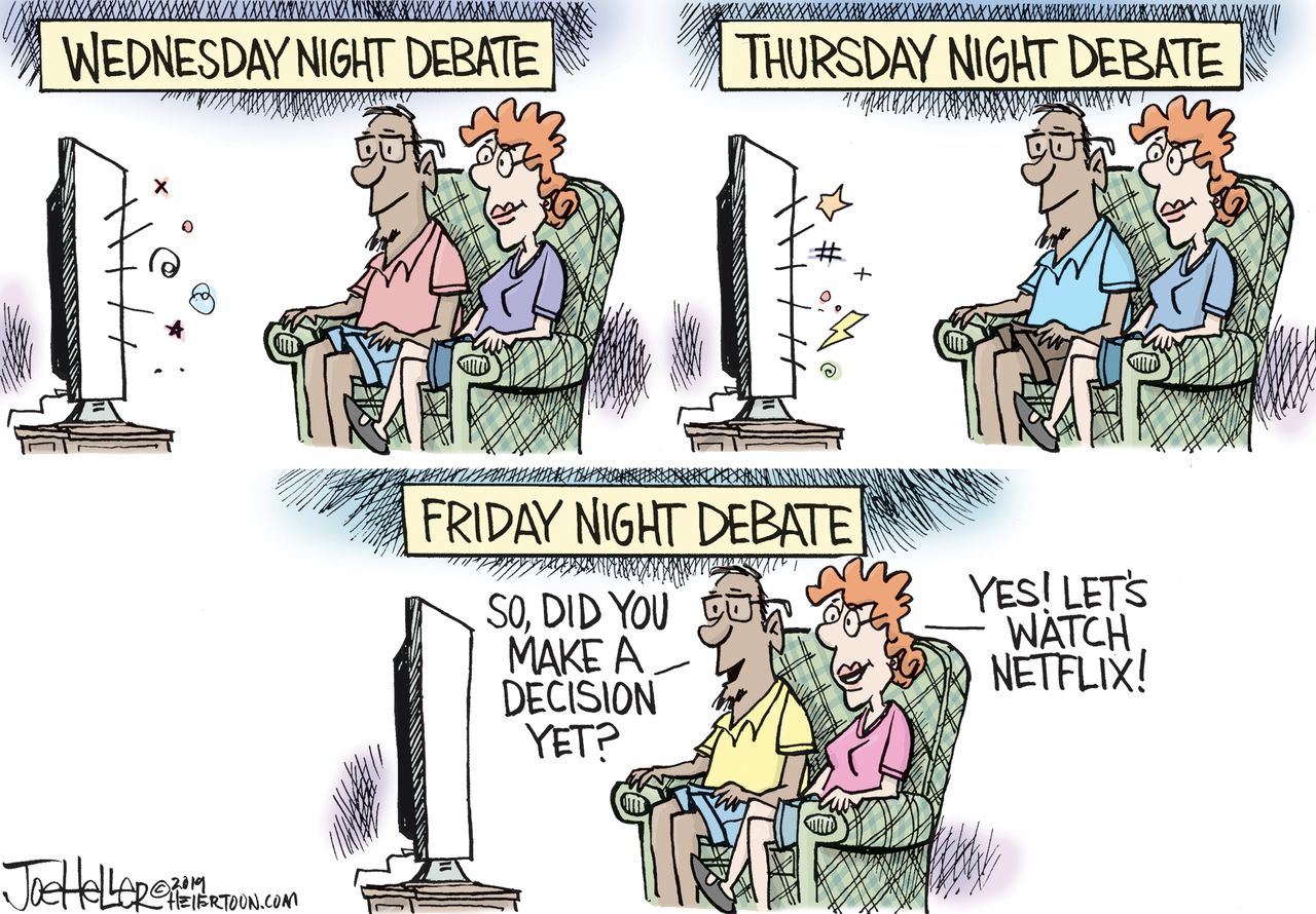 Political Cartoon U.S. Democratic Debates Two Night Fatigue Netflix Binge