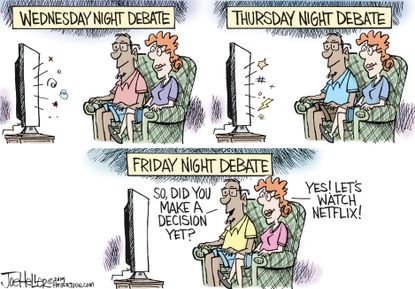 Political Cartoon U.S. Democratic Debates Two Night Fatigue Netflix Binge