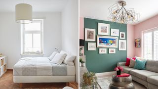 Compilation of two living rooms one white with simple lighting and a green living room with statement pendant