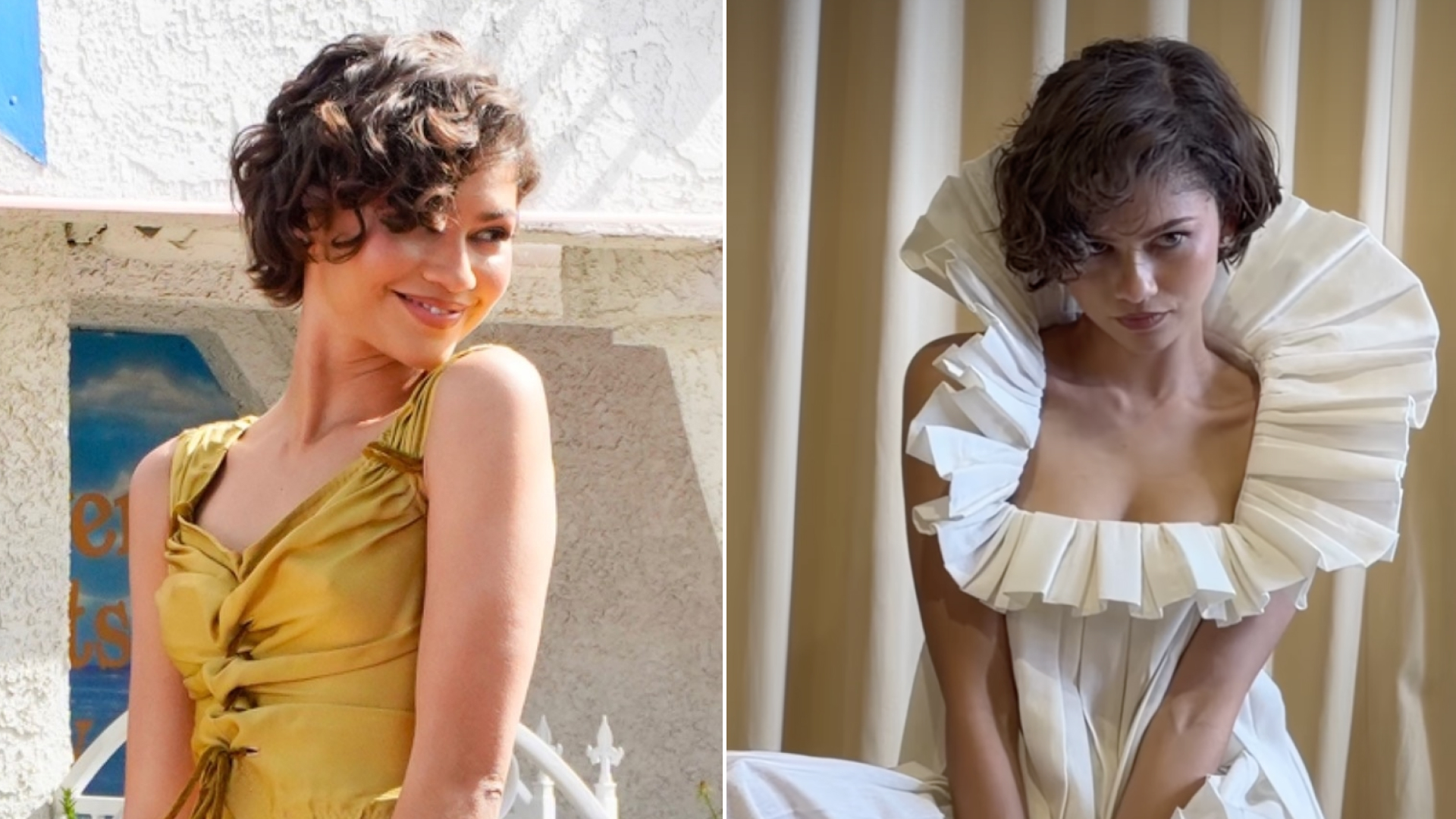 Zendaya wearing two very different Louis Vuitton looks, including a gold matching set and a white structural gown