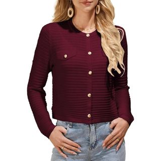 Grace Karin Women's Crop Cardigan Long Sleeve Button Down Crew Neck Knitwear Summer Sweater Cardigans Red S