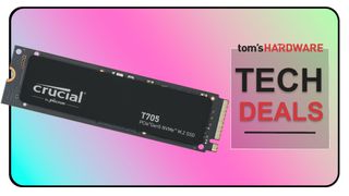 Crucial T705 NVMe SSD on a colorful background with the Tom's Hardware logo and "Tech Deals" written in a square.