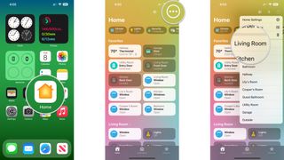 How to reset the HomePod in the Home app on the iPhone by showing steps: Launch the Home app, Tap the Ellipses, Tap the Room that includes your HomePod.