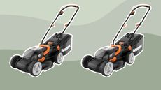 Worx lawnmower x 2 on green patterned background