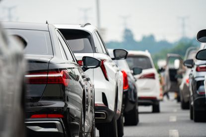 A lot of cars slowed or stopped on the freeway.