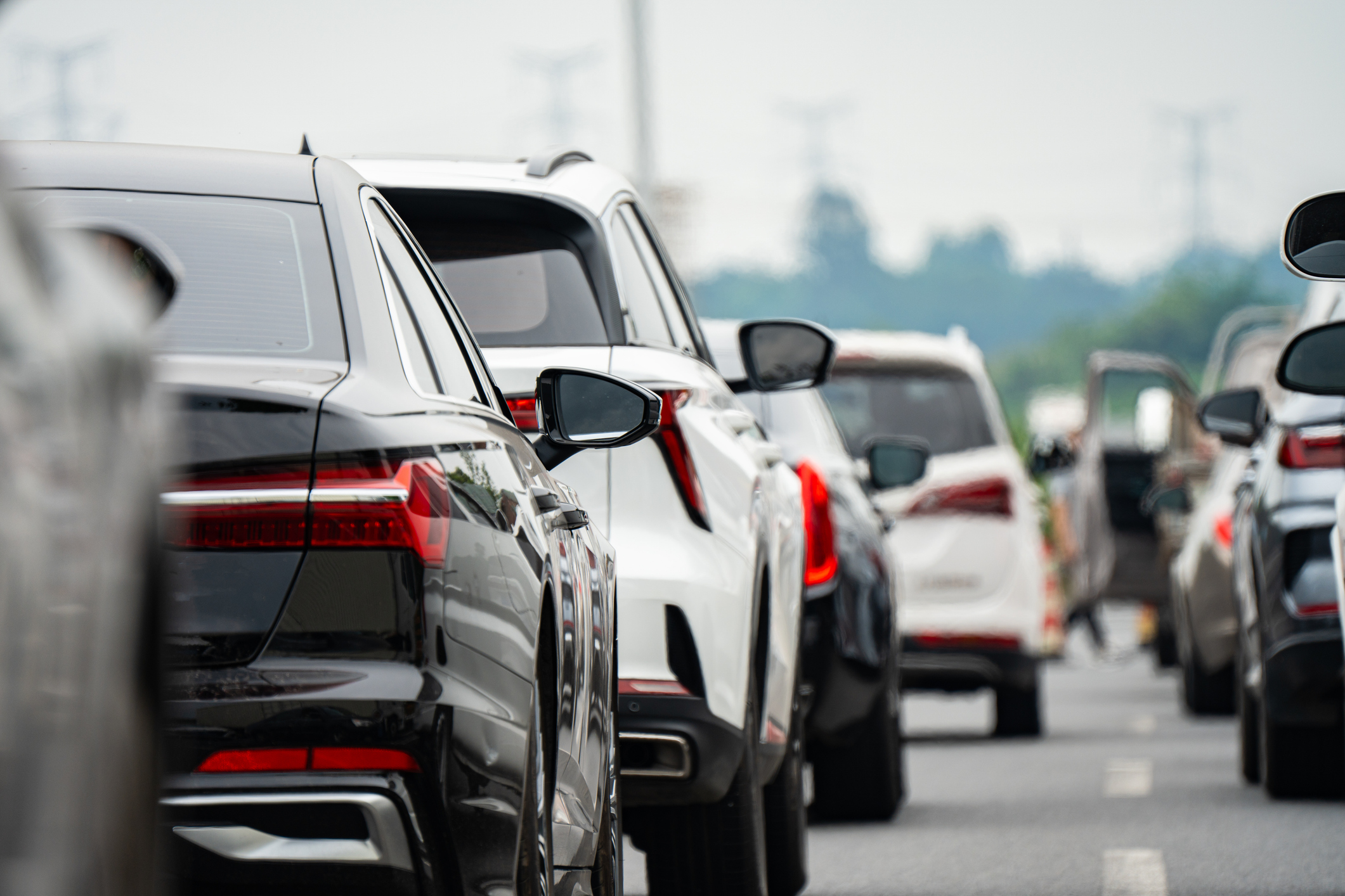 A lot of cars slowed or stopped on the freeway.