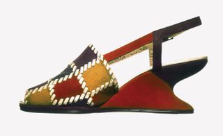 Sandal (1947) in patchwork and suede, with wooden F-shaped wedge heel covered in suede