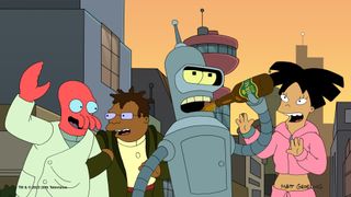 (From left to right) Zoidberg, Hermes Conrad, Bender and Amy Wong appear in a still from Futurama season 11 episode 1: The Impossible Stream. 